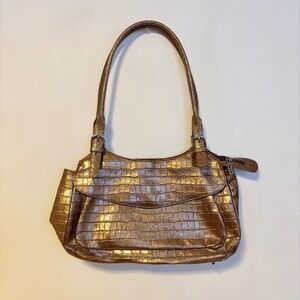 Maxx New York Crocodile Embossed Print Leather Shoulder Bag Purse Rose Gold